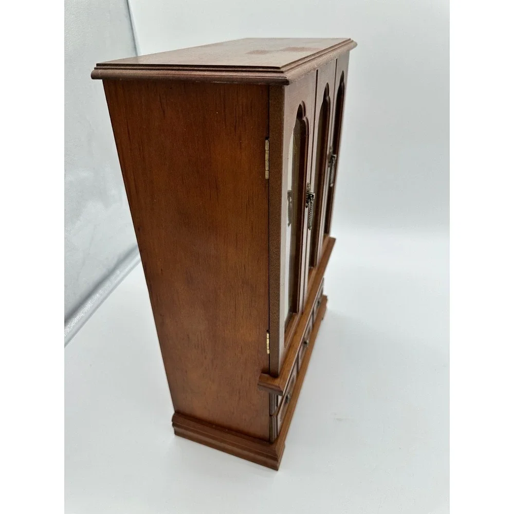 Vintage Jewelry Box Armoire Wood Etched Glass Cabinet Brown 15.5in